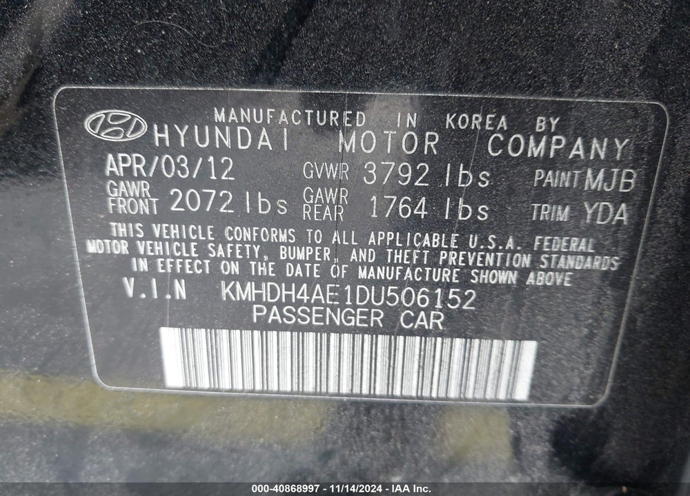 2013 HYUNDAI ELANTRA LIMITED VIN: KMHDH4AE1DU506152