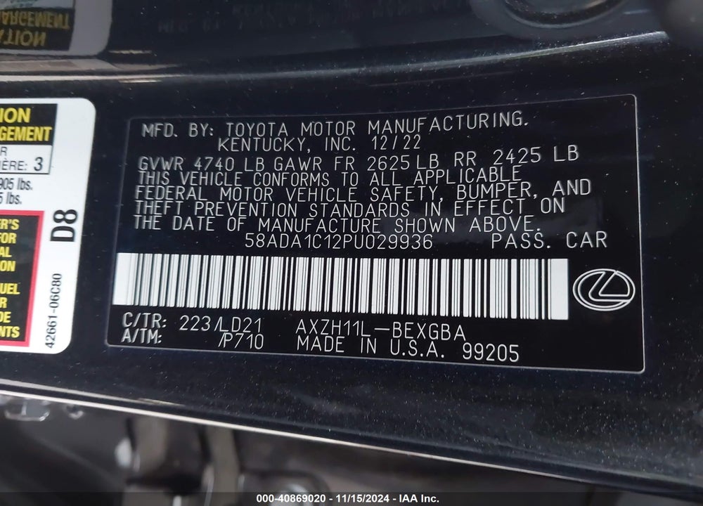 2023 LEXUS ES 300H VIN: 58ADA1C12PU029936