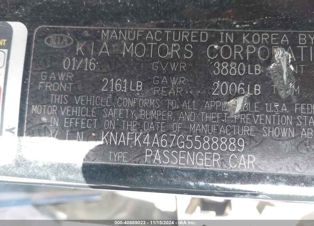 2016 KIA FORTE LX VIN: KNAFK4A67G5588889