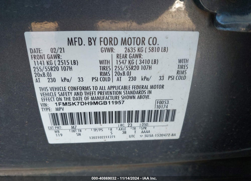 2021 FORD EXPLORER XLT VIN: 1FMSK7DH9MGB11957