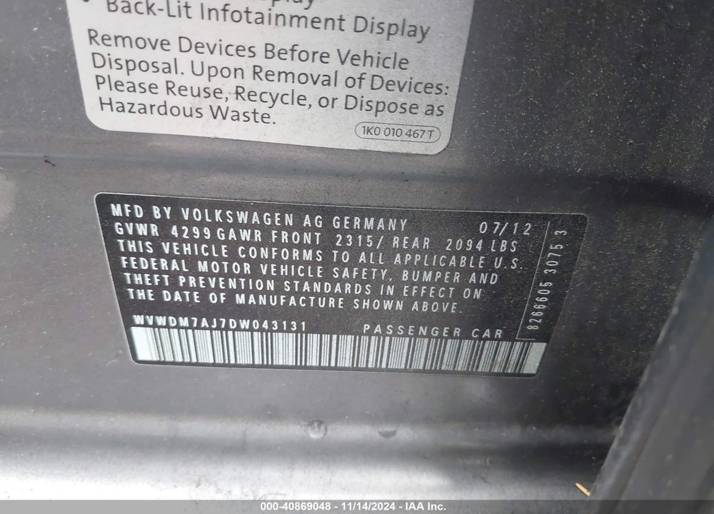 2013 VOLKSWAGEN GOLF 2.0L TDI 4-DOOR VIN: WVWDM7AJ7DW043131