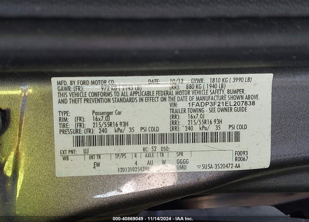 2014 FORD FOCUS SE VIN: 1FADP3F21EL207838