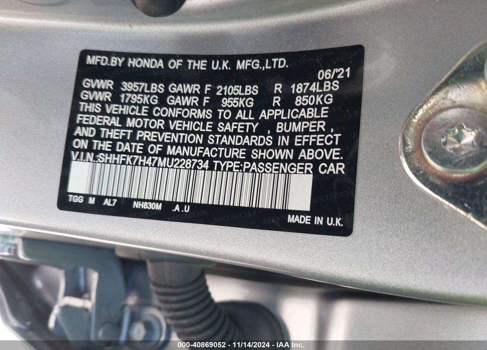 2021 HONDA CIVIC SPORT VIN: SHHFK7H47MU228734