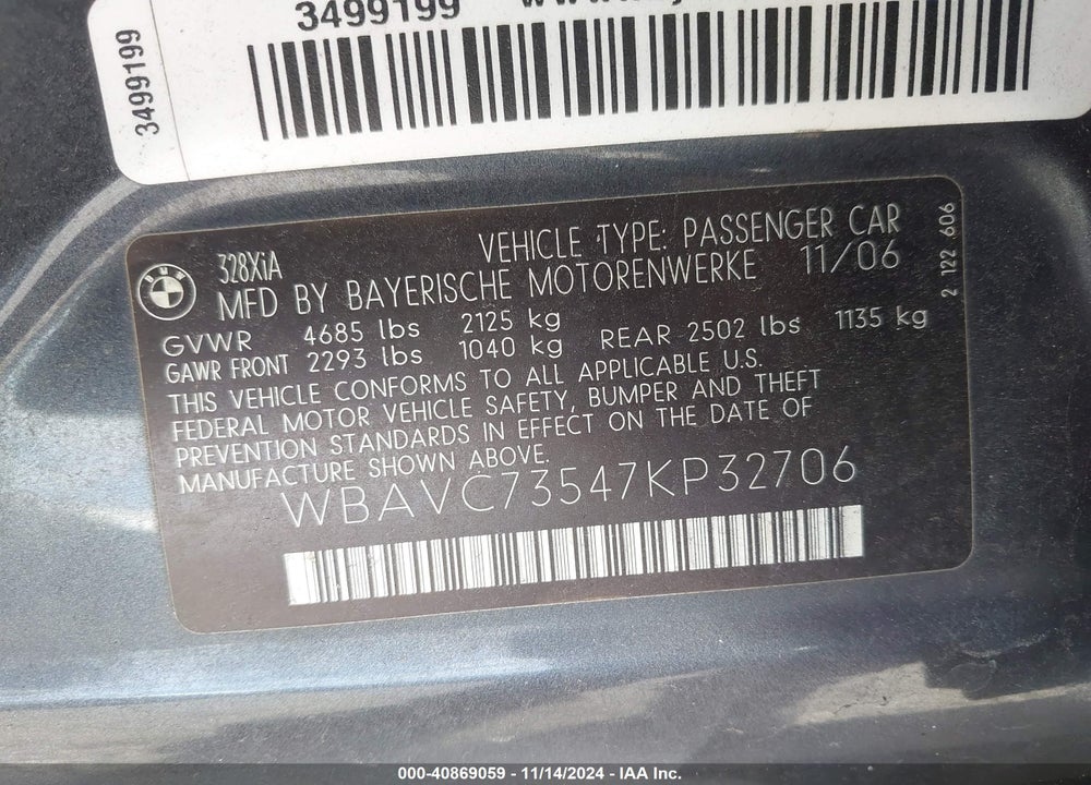 2007 BMW 328XI VIN: WBAVC73547KP32706