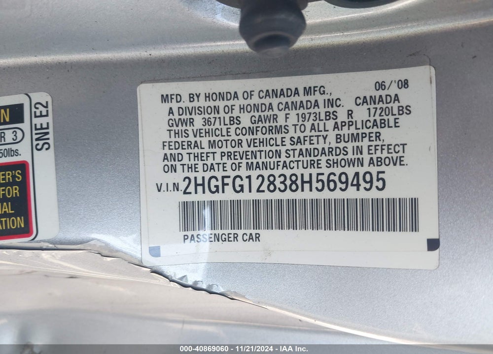 2008 HONDA CIVIC EX VIN: 2HGFG12838H569495