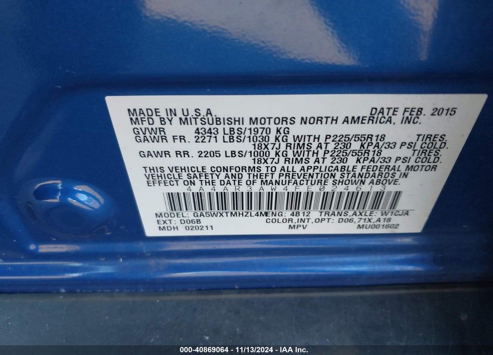 2015 MITSUBISHI OUTLANDER SPORT ES VIN: 4A4AR3AW4FE024613