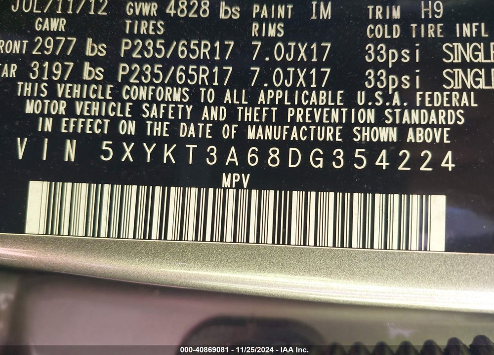 2013 KIA SORENTO LX VIN: 5XYKT3A68DG354224