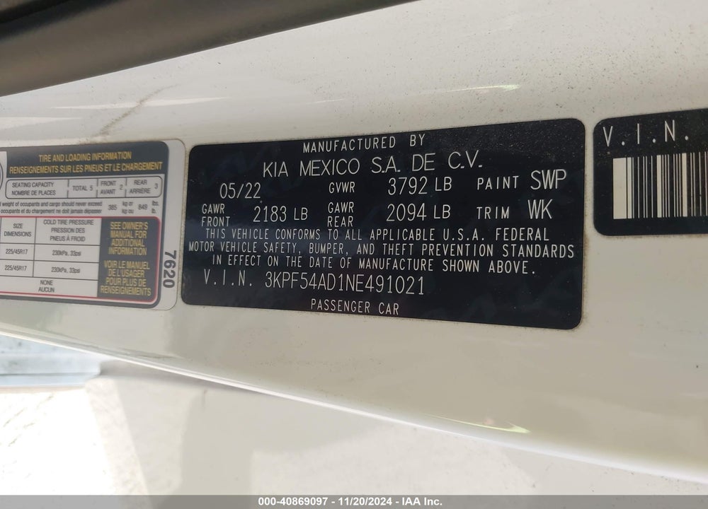 2022 KIA FORTE GT LINE VIN: 3KPF54AD1NE491021