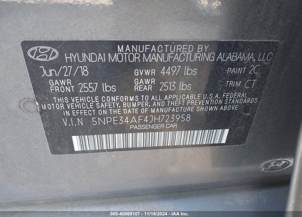 2018 HYUNDAI SONATA SEL VIN: 5NPE34AF4JH723958