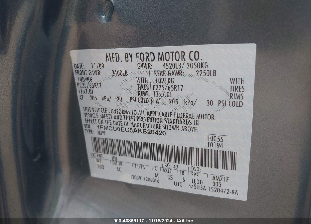 2010 FORD ESCAPE LIMITED VIN: 1FMCU0EG5AKB20420