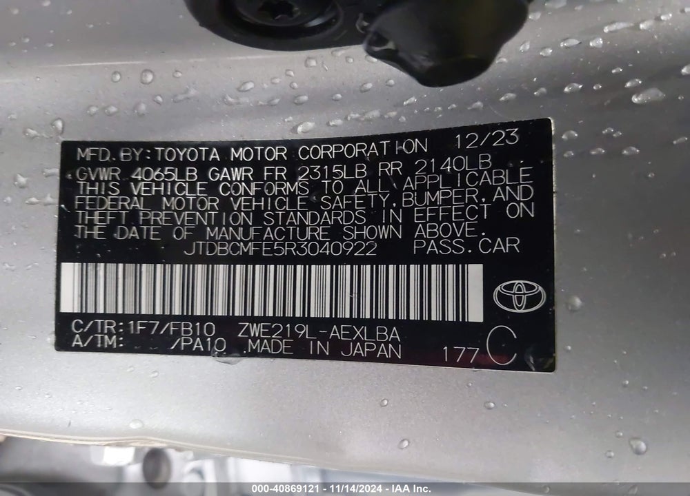 2024 TOYOTA COROLLA HYBRID LE VIN: JTDBCMFE5R3040922