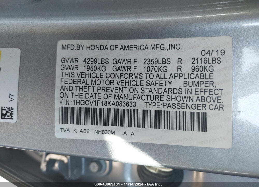 2019 HONDA ACCORD LX VIN: 1HGCV1F18KA083633