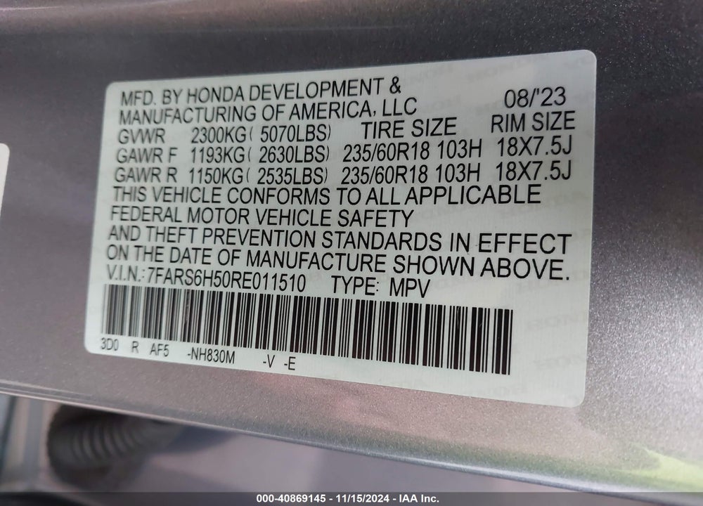 2024 HONDA CR-V HYBRID SPORT VIN: 7FARS6H50RE011510