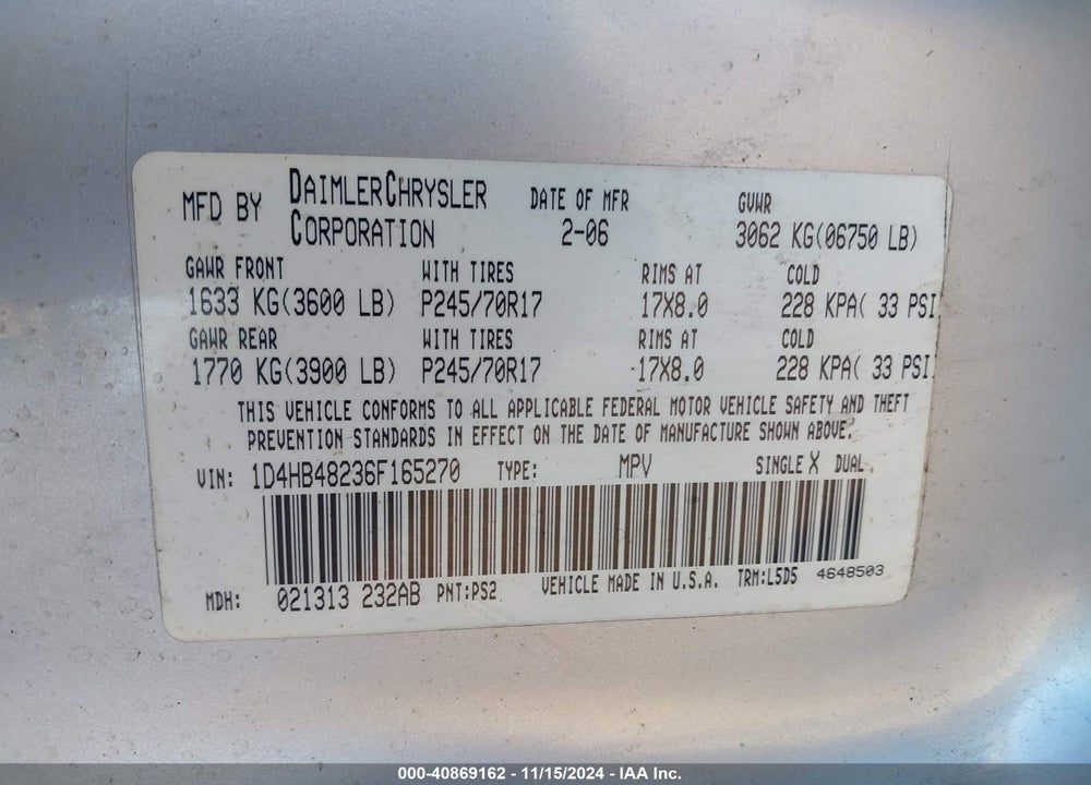 2006 DODGE DURANGO SLT VIN: 1D4HB48236F165270
