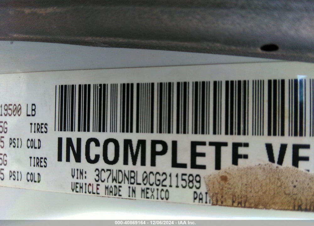 2012 RAM 5500 CHASSIS ST/SLT VIN: 3C7WDNBL0CG211589