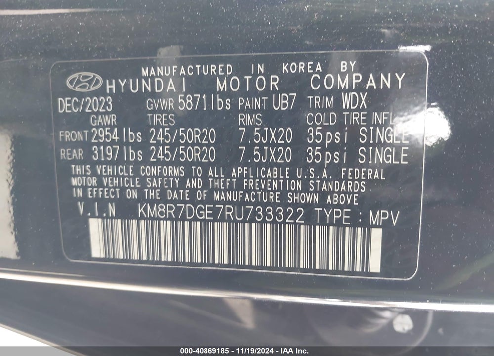 2024 HYUNDAI PALISADE VIN: KM8R7DGE7RU733322