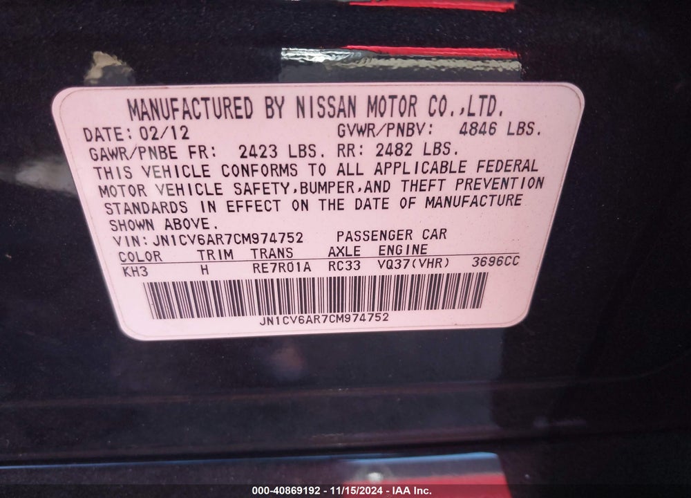 2012 INFINITI G37X VIN: JN1CV6AR7CM974752
