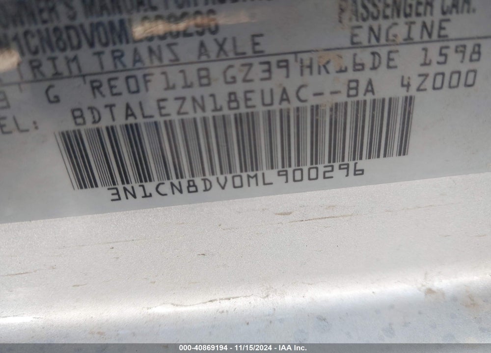 2021 NISSAN VERSA S XTRONIC CVT VIN: 3N1CN8DV0ML900296