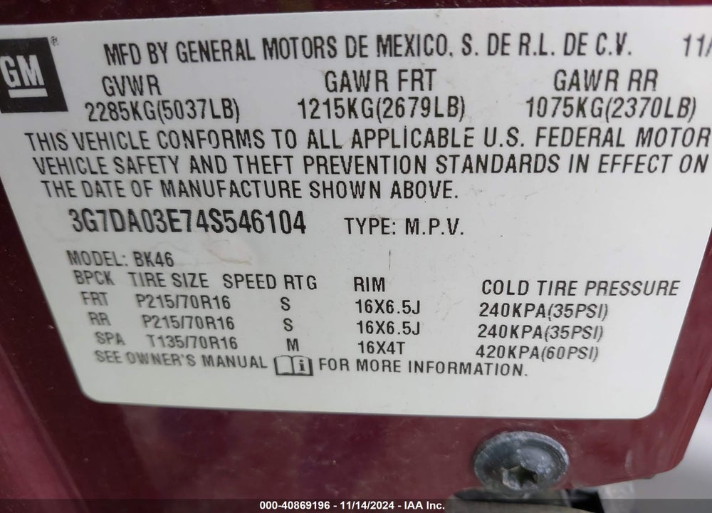 2004 PONTIAC AZTEK VIN: 3G7DA03E74S546104