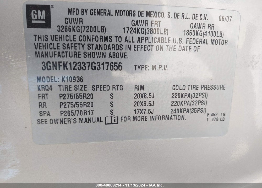 2007 CHEVROLET AVALANCHE 1500 LTZ VIN: 3GNFK12337G317656