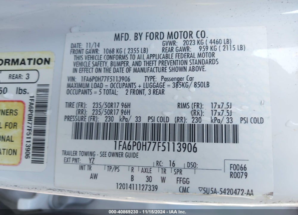 2015 FORD FUSION SE VIN: 1FA6P0H77F5113906
