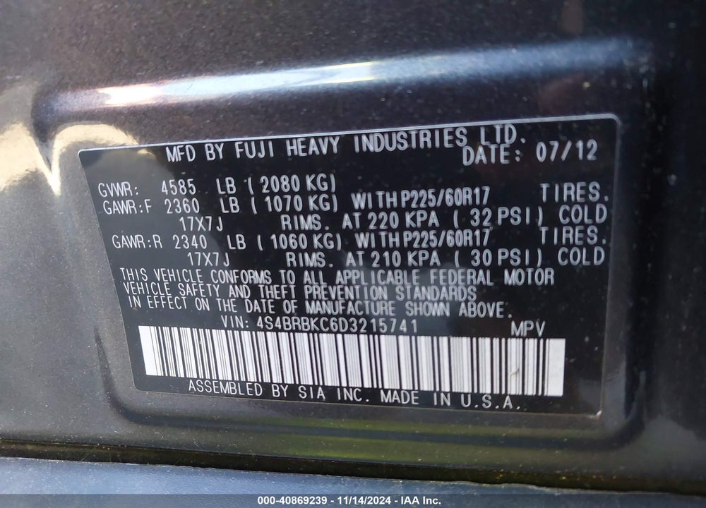 2013 SUBARU OUTBACK 2.5I LIMITED VIN: 4S4BRBKC6D3215741
