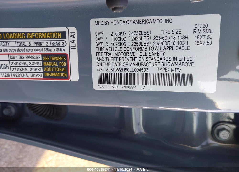2020 HONDA CR-V AWD EX VIN: 5J6RW2H50LL004533