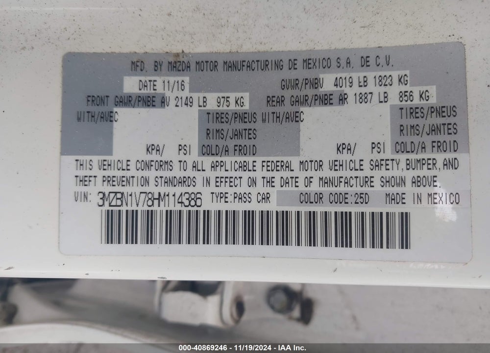2017 MAZDA 3 TOURING VIN: 3MZBN1V78HM114386