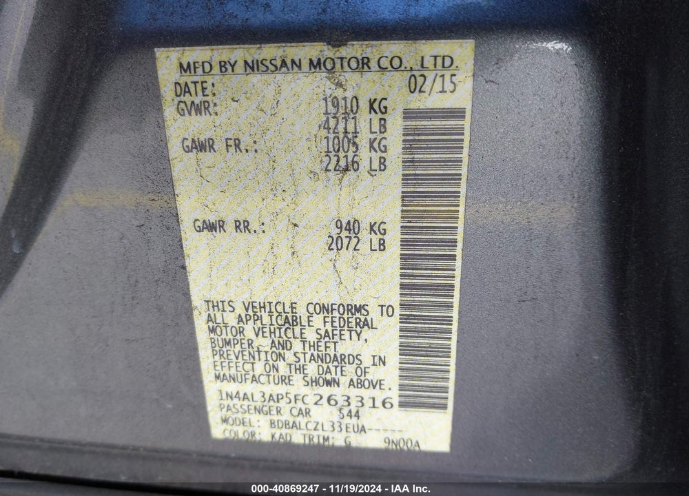 2015 NISSAN ALTIMA VIN: 1N4AL3AP5FC263316