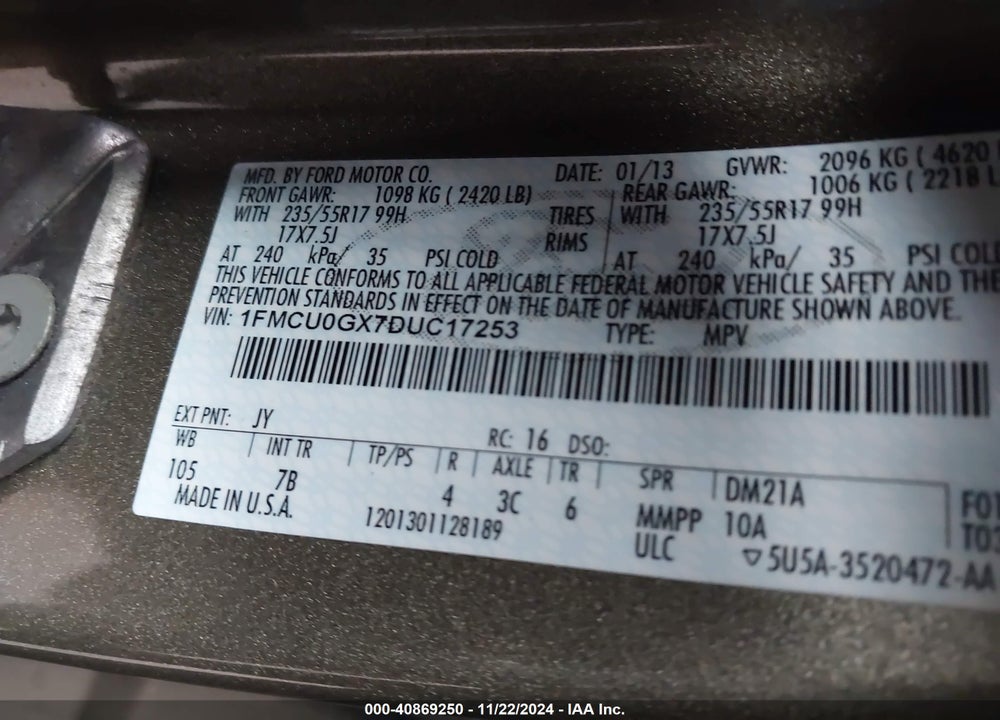 2013 FORD ESCAPE SE VIN: 1FMCU0GX7DUC17253