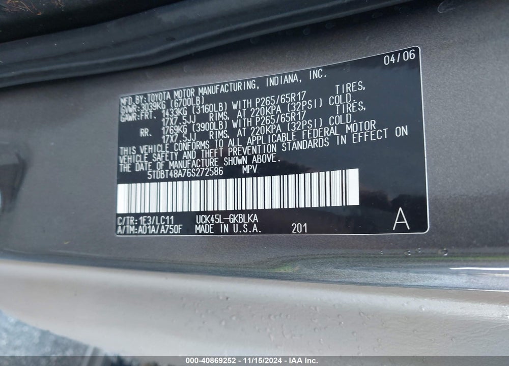 2006 TOYOTA SEQUOIA LIMITED V8 VIN: 5TDBT48A76S272586