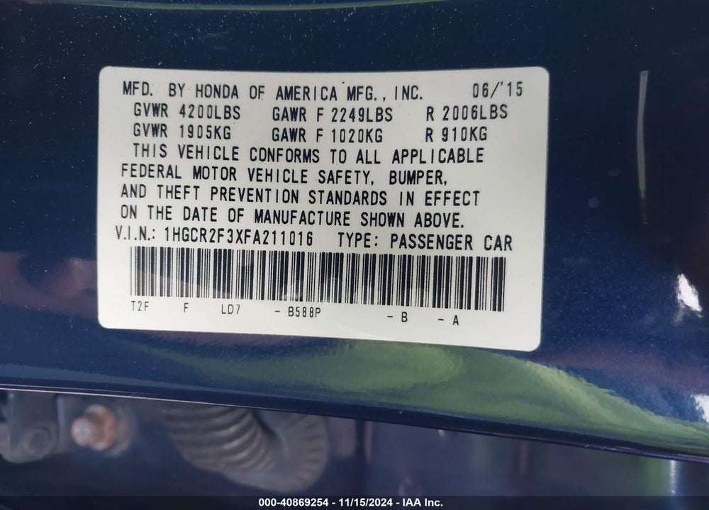 2015 HONDA ACCORD LX VIN: 1HGCR2F3XFA211016