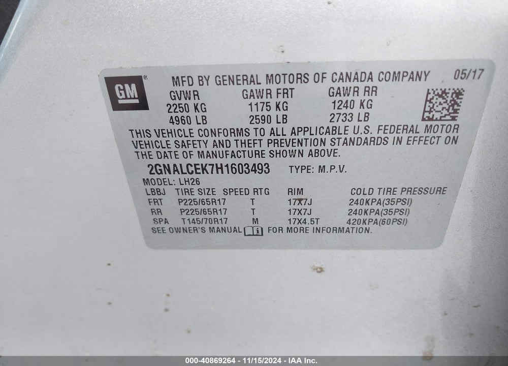 2017 CHEVROLET EQUINOX LT VIN: 2GNALCEK7H1603493