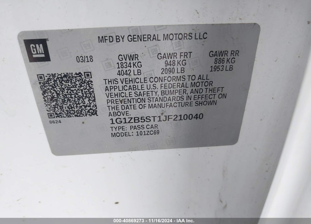 2018 CHEVROLET MALIBU 1LS VIN: 1G1ZB5ST1JF210040