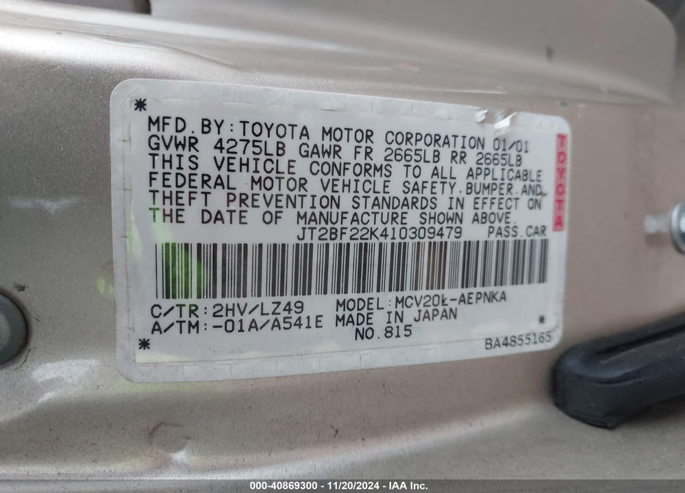 2001 TOYOTA CAMRY LE V6 VIN: JT2BF22K410309479