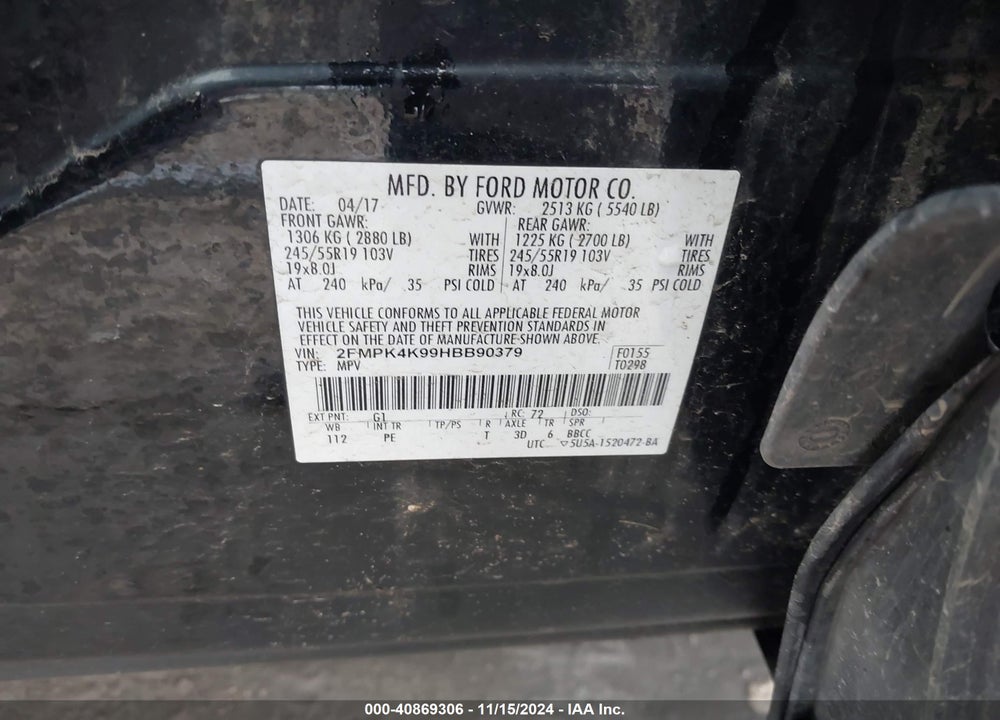 2017 FORD EDGE TITANIUM VIN: 2FMPK4K99HBB90379