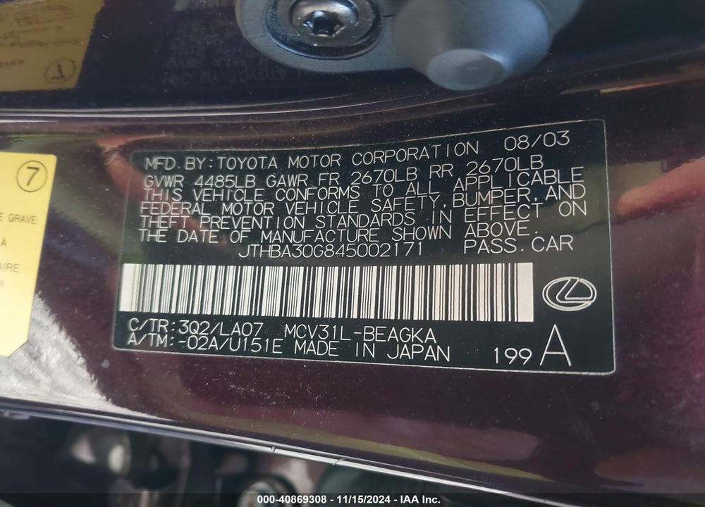 2004 LEXUS ES 330 VIN: JTHBA30G845002171