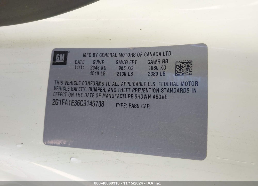 2012 CHEVROLET CAMARO 2LS VIN: 2G1FA1E36C9145708