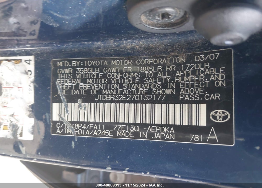 2007 TOYOTA COROLLA CE VIN: JTDBR32E270132177