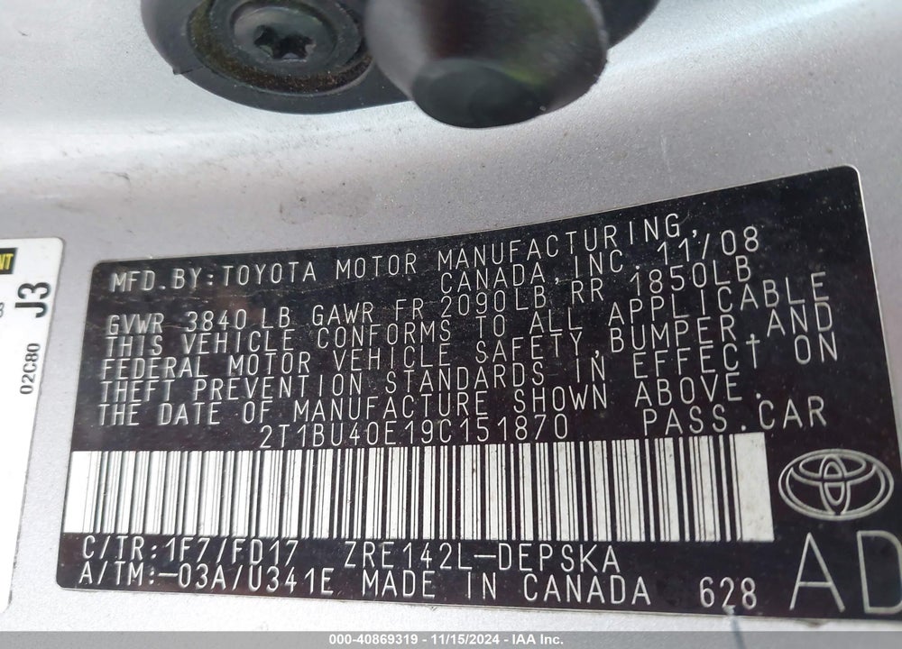 2009 TOYOTA COROLLA S VIN: 2T1BU40E19C151870