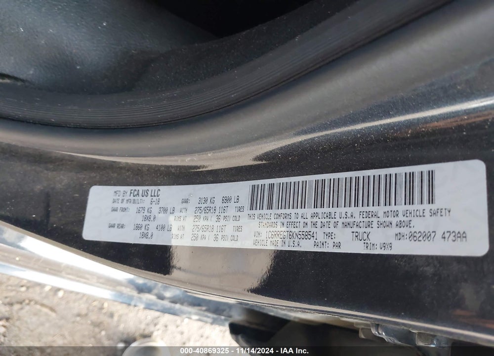 2019 RAM 1500 TRADESMAN 4X2 5'7 BOX VIN: 1C6RREGT6KN558541