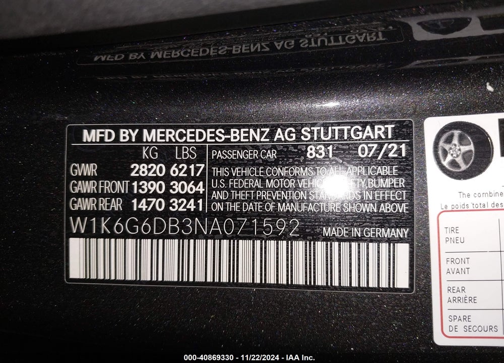 2022 MERCEDES-BENZ S 500 4MATIC VIN: W1K6G6DB3NA071592