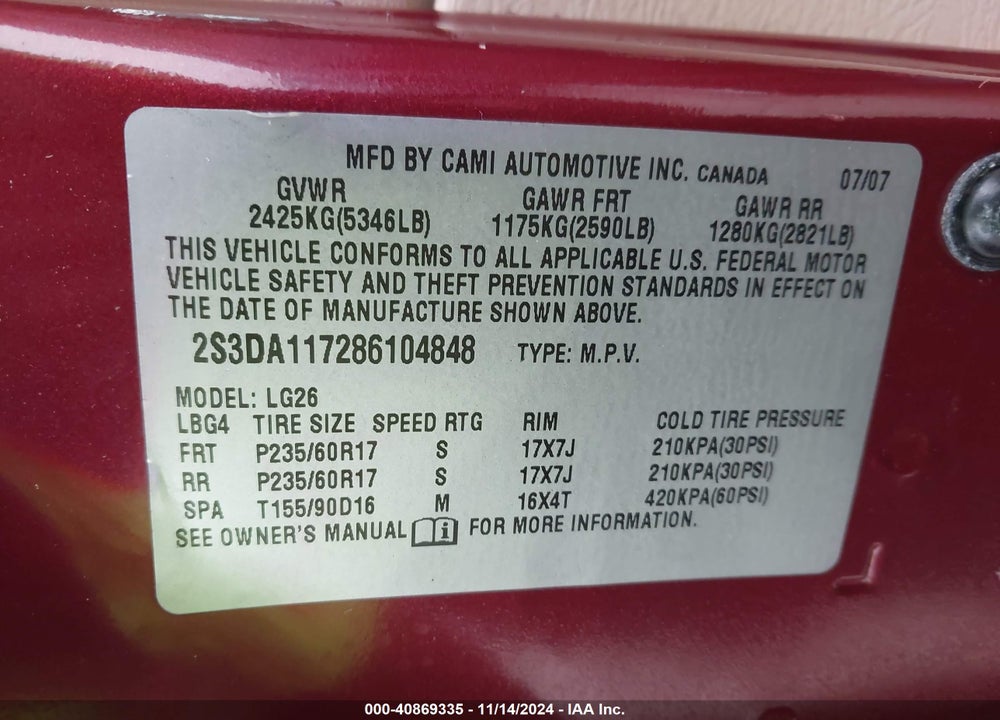 2008 SUZUKI XL7 PREMIUM VIN: 2S3DA117286104848