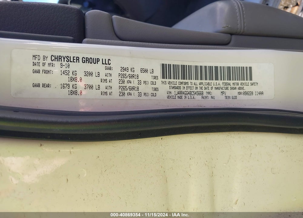 2011 JEEP GRAND CHEROKEE LAREDO VIN: 1J4RR4GG4BC545668