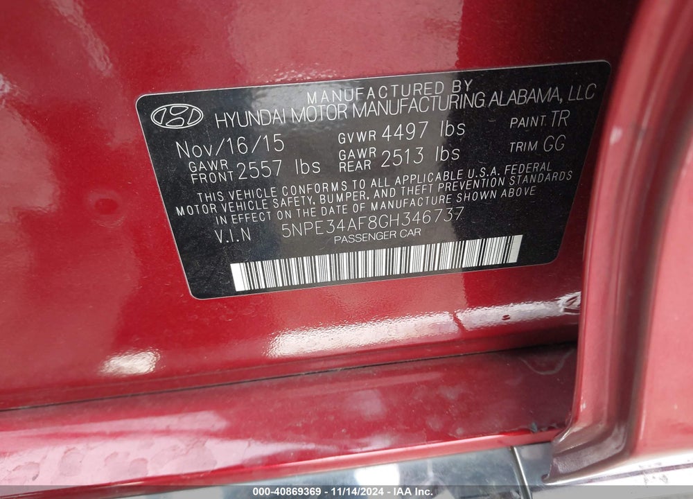 2016 HYUNDAI SONATA SPORT VIN: 5NPE34AF8GH346737