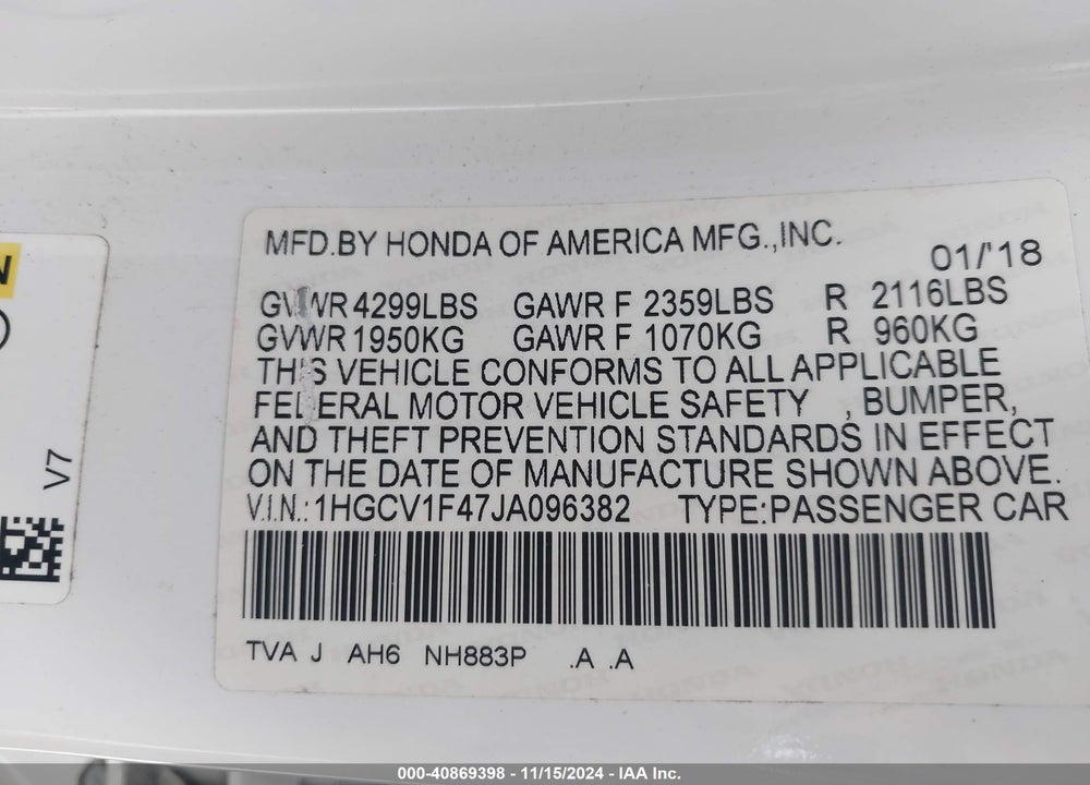 2018 HONDA ACCORD EX VIN: 1HGCV1F47JA096382
