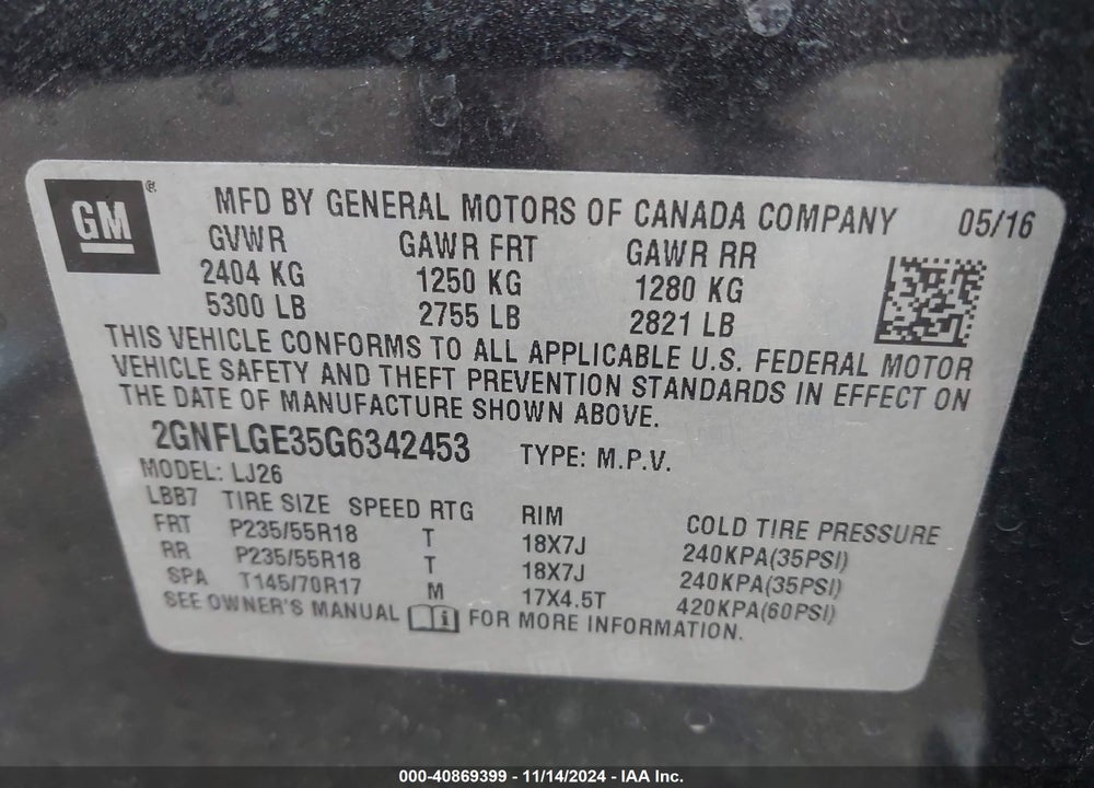 2016 CHEVROLET EQUINOX VIN: 2GNFLGE35G6342453