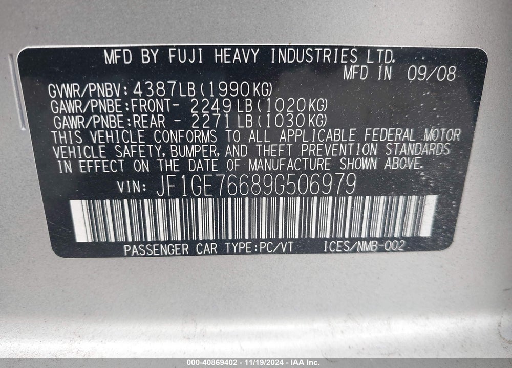2009 SUBARU IMPREZA WRX VIN: JF1GE76689G506979