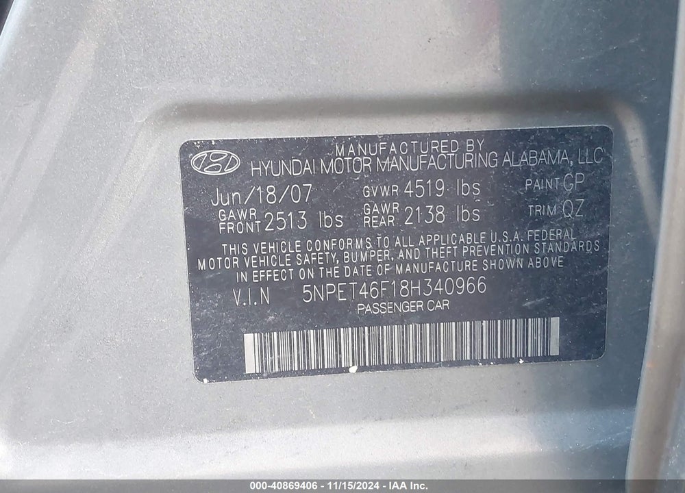2008 HYUNDAI SONATA GLS V6 VIN: 5NPET46F18H340966