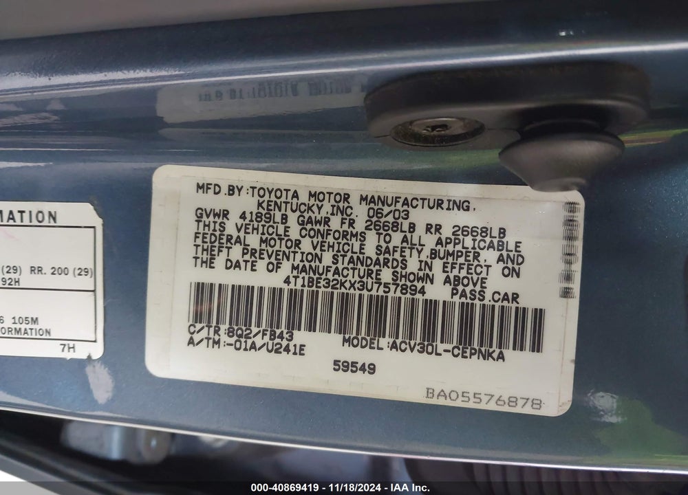 2003 TOYOTA CAMRY LE VIN: 4T1BE32KX3U757894